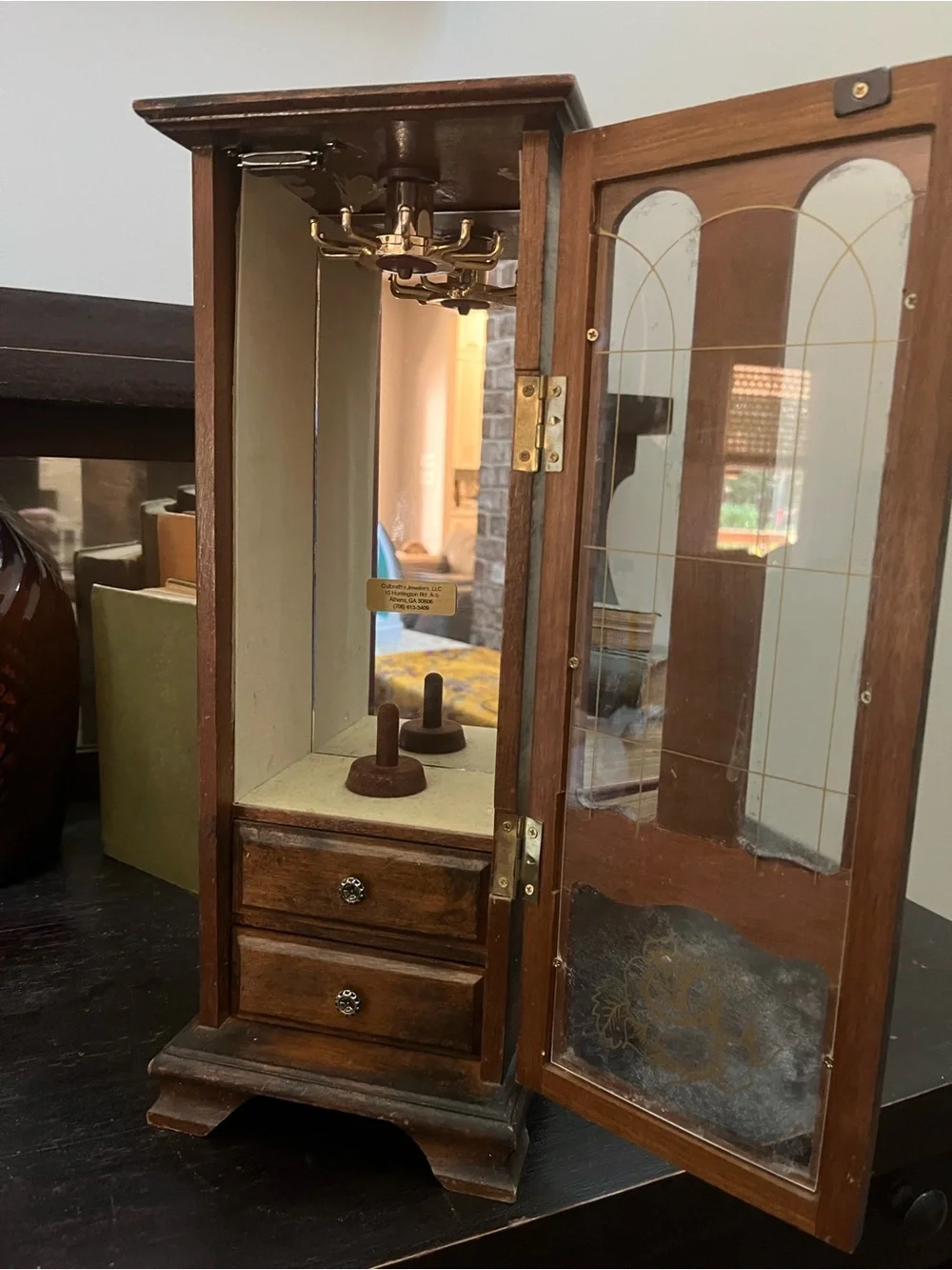 Vintage Wooden Jewelry Cabinet with Floral Inlay - Dark Brown